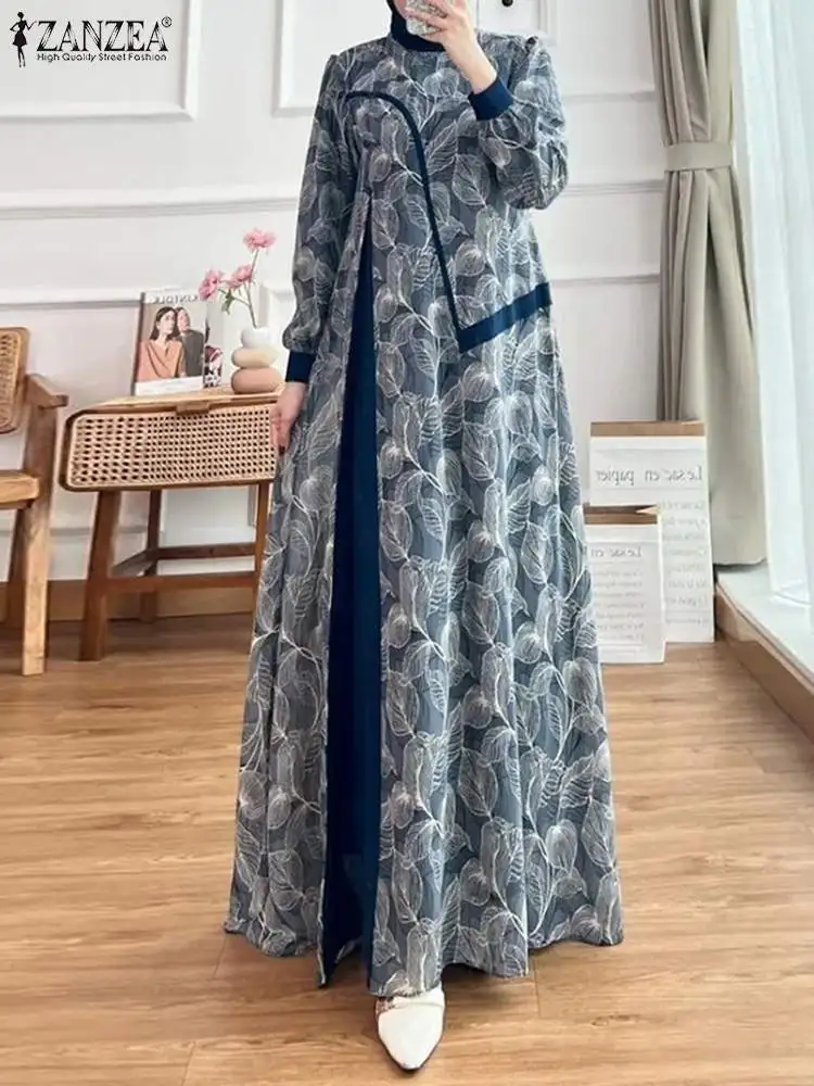 Maxi abito Abaya musulmano stampato floreale da donna ZANZEA Fashion manica lunga prendisole Vintage Dubai turchia Patchwork Vestido Robe