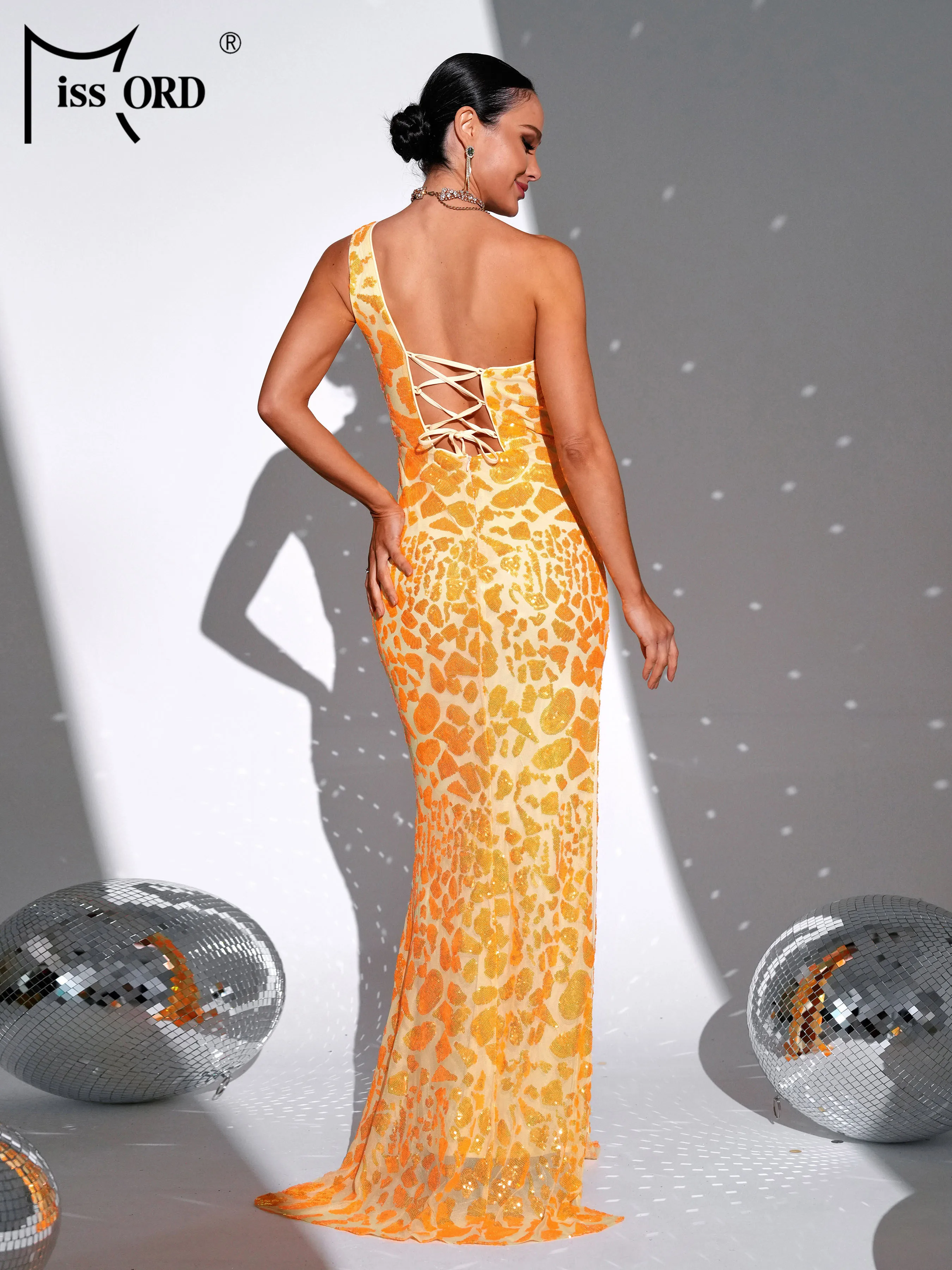 Missord 2024 Yellow Print Sequin Evening Dresses Elegant Women One Shoulder Sleeveless Split Bodycon Long Party Dress Prom Gown