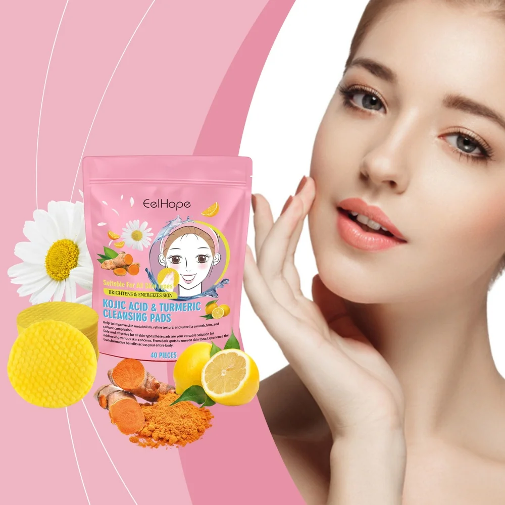 40PCS Turmeric Kojic Acid Cleansing Pads Balance Skin Oil and Water Facial Sponges Exfoliate For Daily Cleaning Skin Care Gift