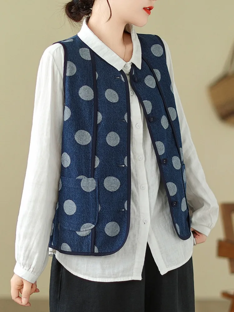 

Faionable Polka Dot Denim Vest Outerwear Women's Spring Anti-Aging Slimming Layering Svel oulder Design Top