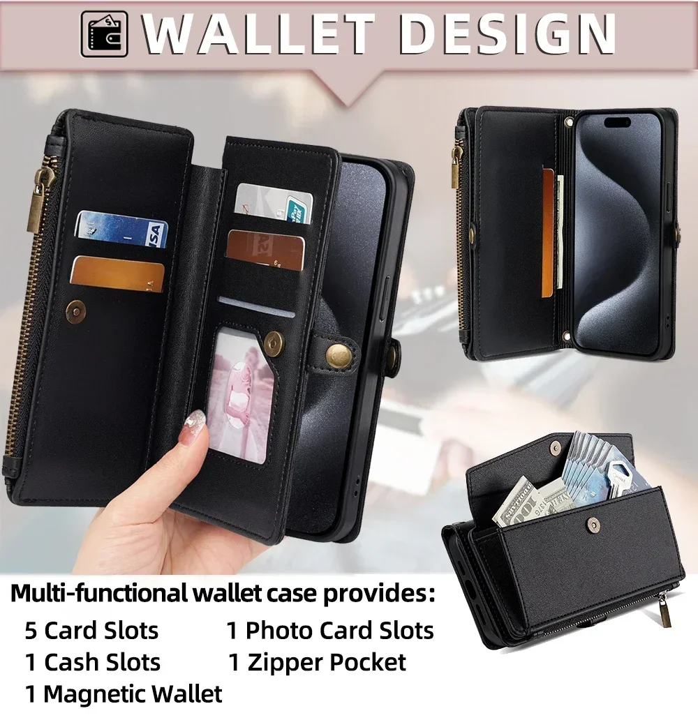 Reißverschluss PU-Leder Brieftasche Buchcover Handyhüllen für iPhone 16 16E 17 Air Pro Plus Max Flip Cover Multifunktionale Berging Bags – Detail 4