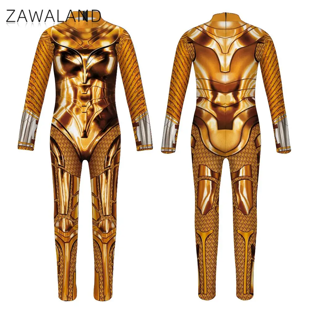 Zawaland Hallowen Family Matching Outfits Golden 3D Printed Cosplay Costume Spandex Catsuit Parent-Child Bodysuit Zentai Suit