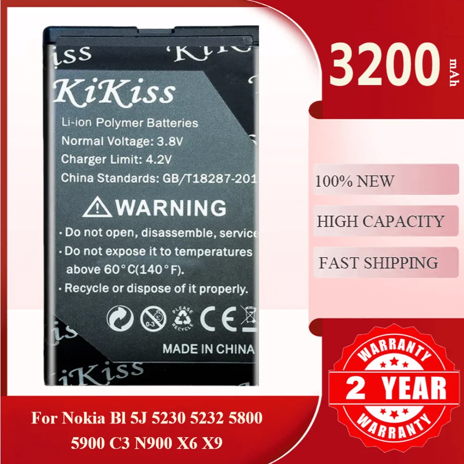 

Battery For Nokia 5230 5233 5800 3020 XpressMusic N900 C3 Lumia 520 525 530 5900 BL-5J BL5J BL 5J Mobile Phone 3200mAh