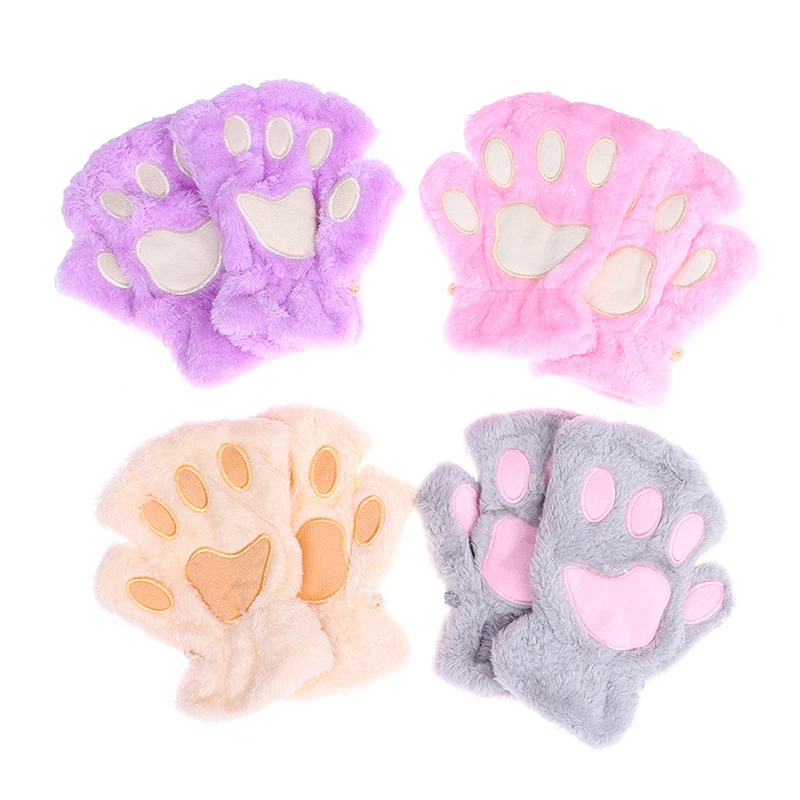 Cute Cat Paw Fluffy Claw Fingerless Gloves Warm Soft Plush Fingerless Panda Glove Half Finger Women Winter Wear Christmas Gifts