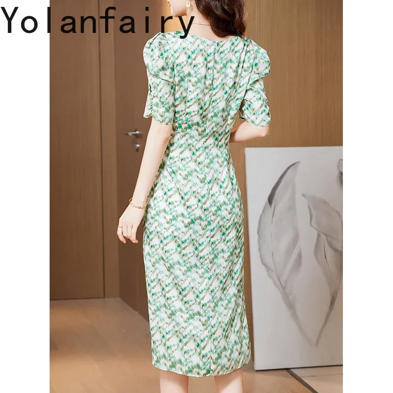 YOLANFAIRY élégant 100% véritable robe en soie de mûrier femme vêtements été 2025 mode robe florale femmes taille haute robe verte