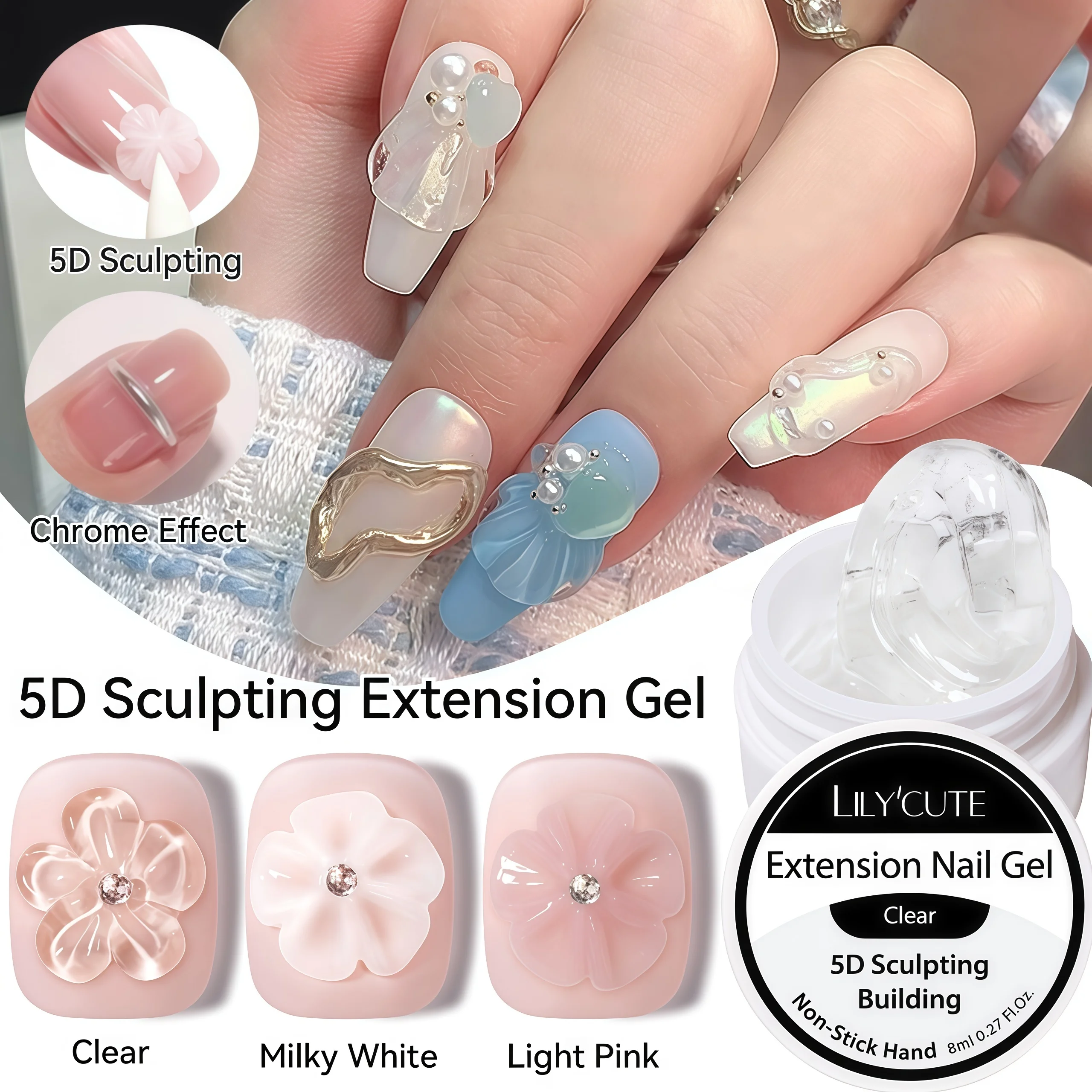 5D Nicht-Klebendes Handmodellier-Gel, 8ml Langanhaltende Überlagerung, Erzeugt 3D-Nagelformen, Salonqualität, Nagelkunst DIY – Detail 1