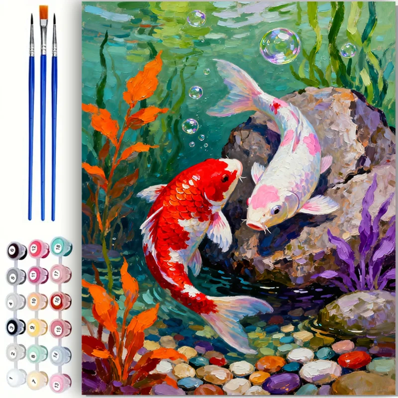 Fortune Koi Fish Paint By Numbers Kit Adults Beginner DIY Canvas Stress Relief Home Wall Decor Craft Birthday Gift Frameless