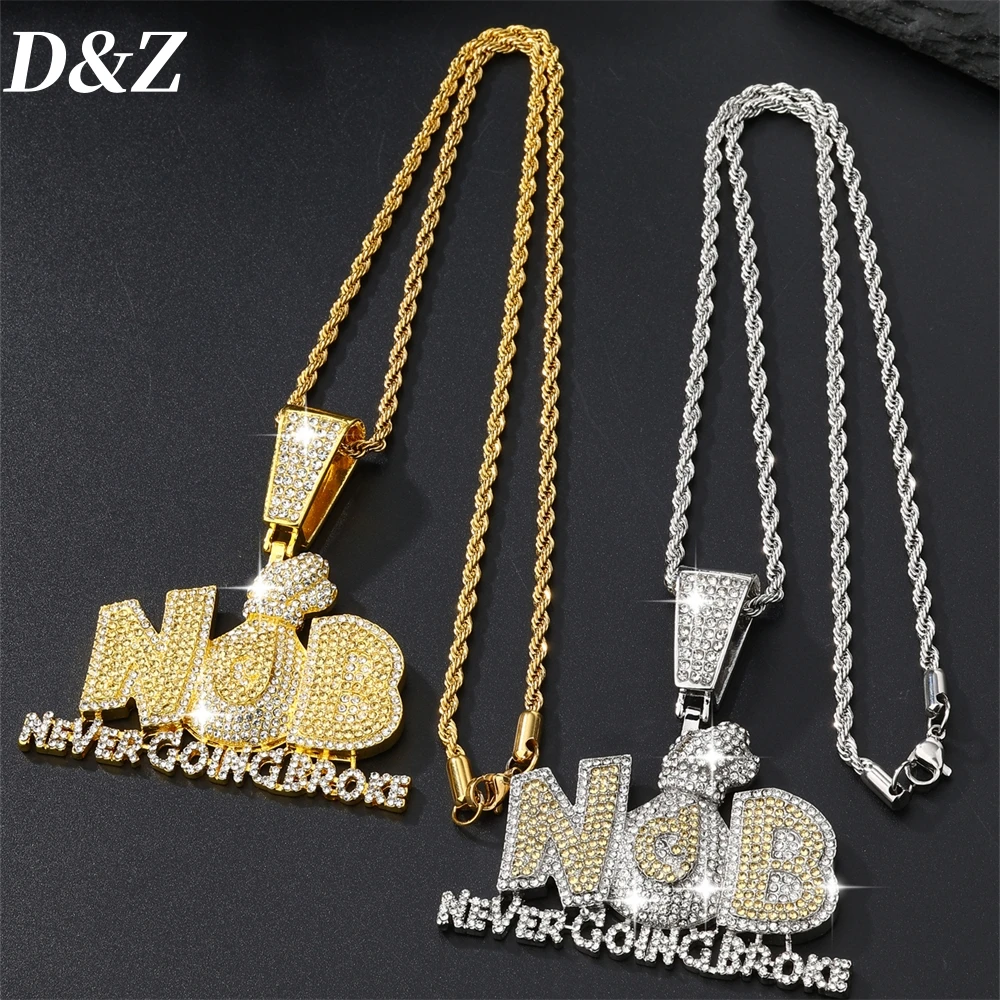 D & Z-Colar com pingente letra hip pop para homens e mulheres, colar hip hop, rapper party, full iced out, cz pedras, correntes de corda, moda