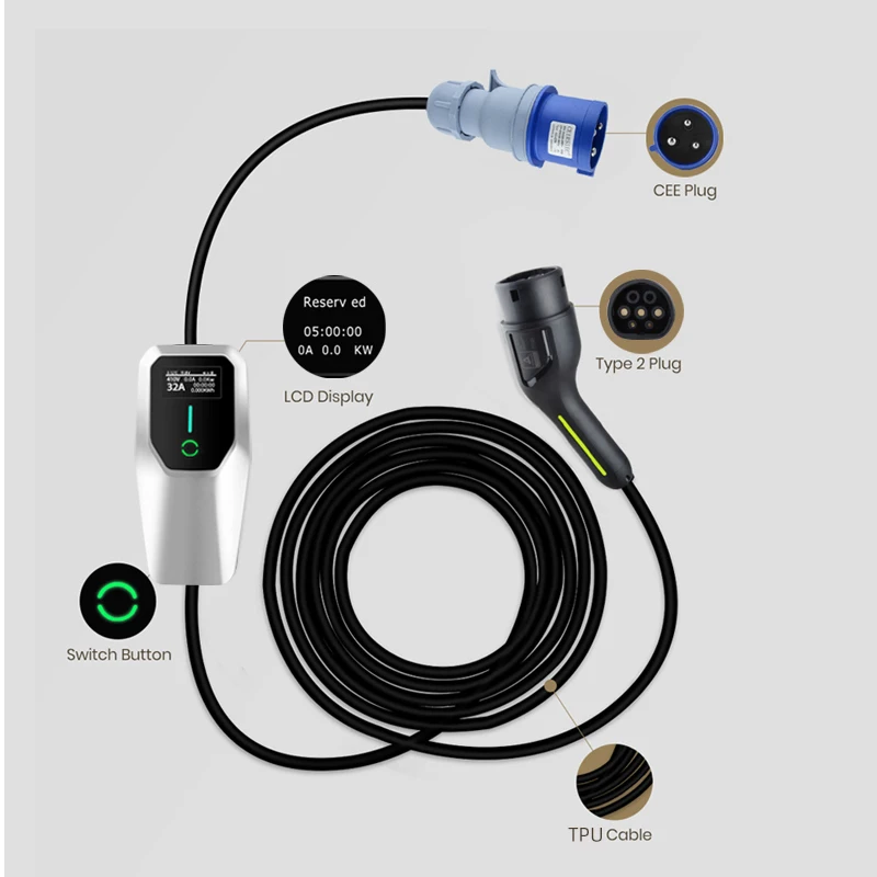 Junsun ev charger type 2 7KW Sliver 4meters 8A/10A/13A/16A/24A/32A adjustable Car fast charging plug to plug chargeur for tesla