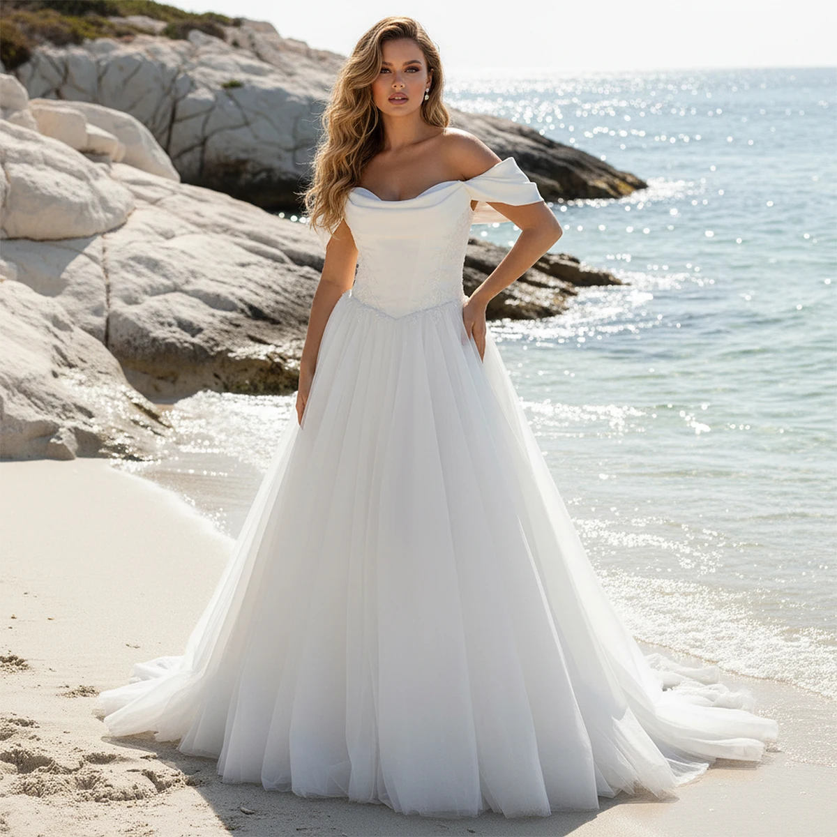 

Elegant Off Shoulder Appliques Ball Gown Wedding Dress Long Satin Bridal Party Gown For Bride Vestidos Novia