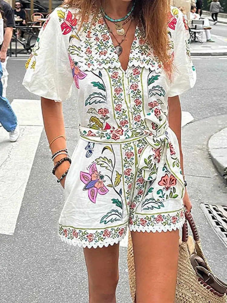 Women Fashion Printed Lace-up Jumpsuit Casual V-neck Puff Short Sleeve High-waist Romper 2024 Summer Lady Elegant Street Outfit