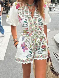 Women Fashion Printed Lace-up Jumpsuit Casual V-neck Puff Short Sleeve High-waist Romper 2024 Summer Lady Elegant Street Outfit