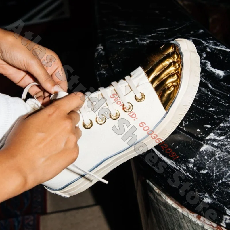 Canvas Gold Metallic Toe Cap High Top Sneakers Gold Metal Eyelets Vintage Contrast Stitch Casual Trainers Luxury Daily Shoes