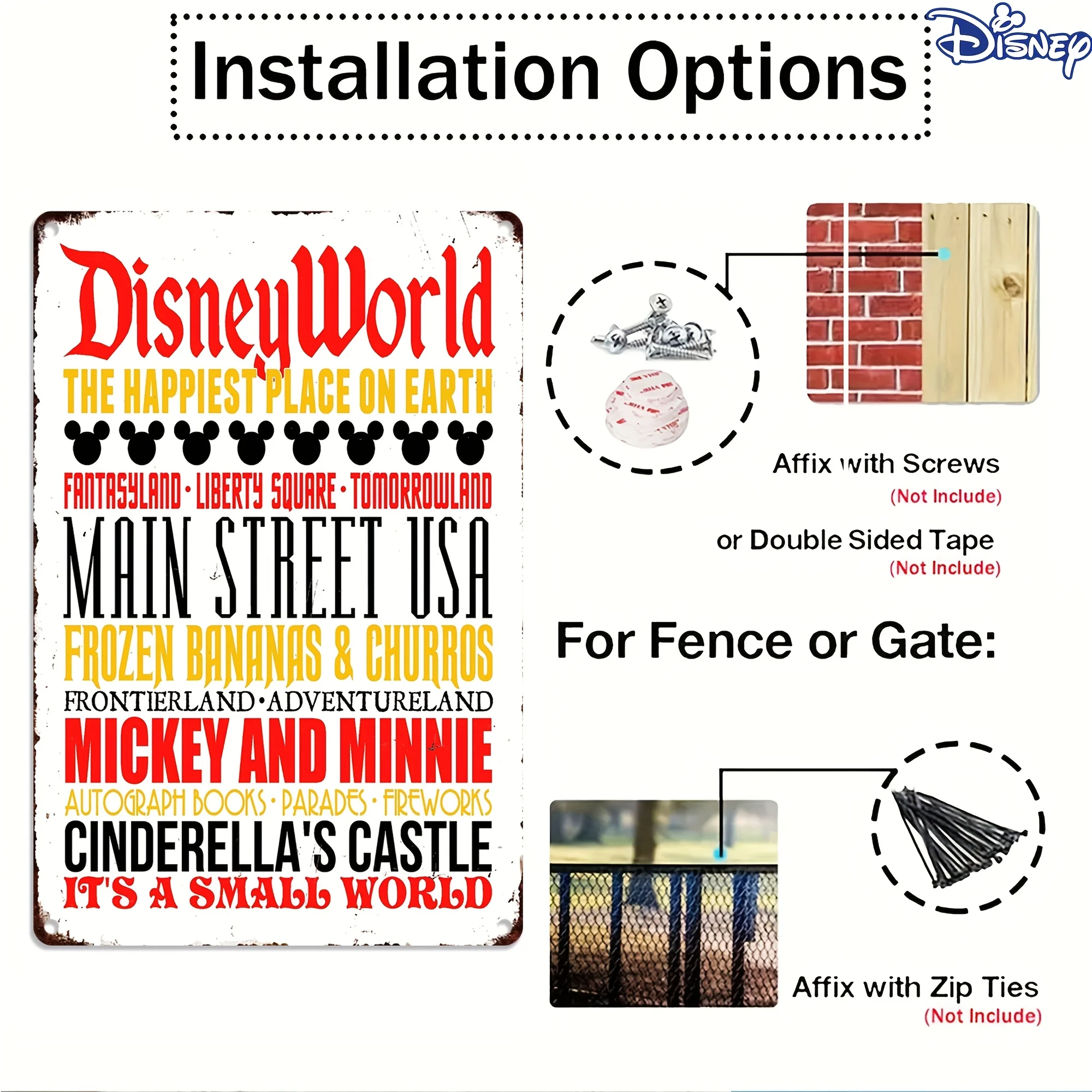 قطعة واحدة من لافتة القصدير المعدنية العتيقة من ديزني - لوحة فنية جدارية كلاسيكية على شكل قلعة ميكي وميني سندريلا، 20.32 × 30.48 سم ديكور خارجي متين لـ