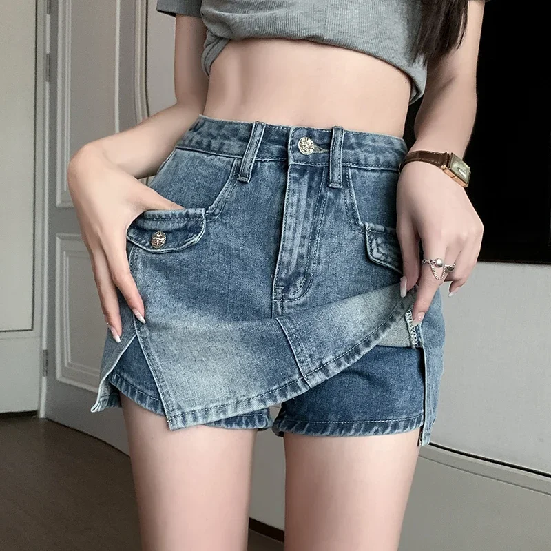 2025 Fashion Y2K Split Denim Shorts Skirts Women Summer New Vintage Basics High Waist Wrapped Mini Skirts Woman