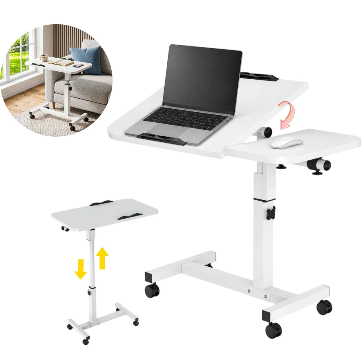 Bureau d'ordinateur portable réglable et mobile, double taille, avec roulettes, double plan de travail, coins anti-collision, mobilier de bureau à domicile