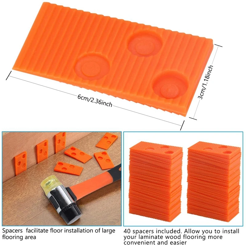 Laminated Wood Floor Installation Tool Kit With Tapping Block Rod, Reinforcement Hammer And 40 Wedge Spacers