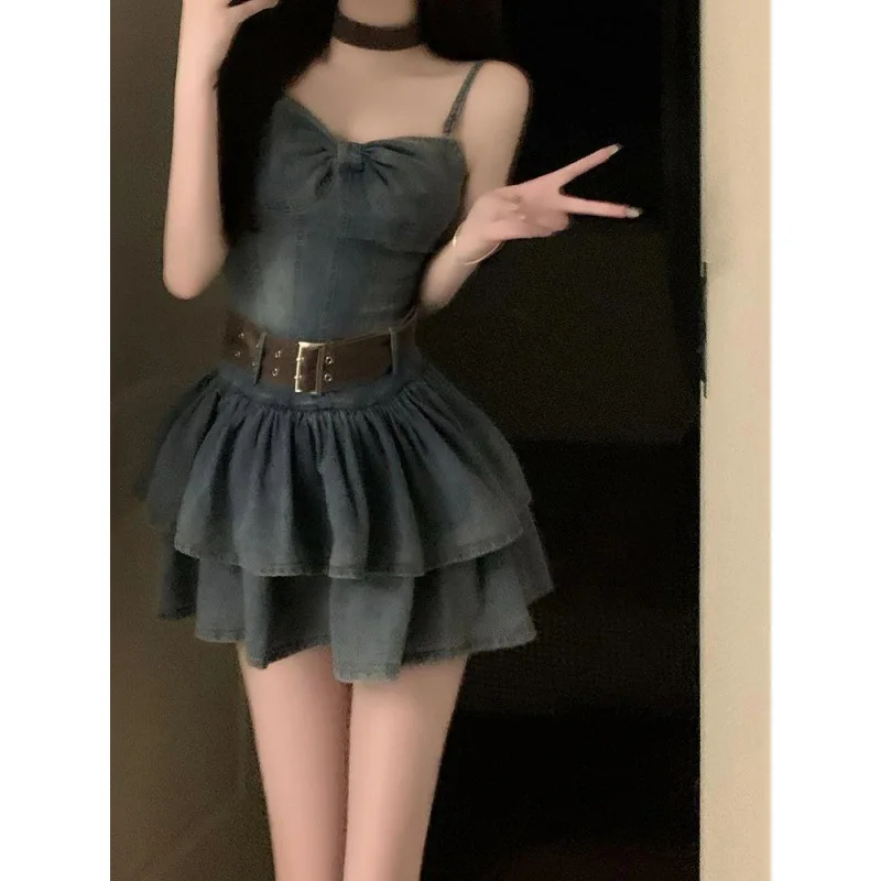 

Pure Desire Spicy Girl Cowboy strapless Strap Dress Women's Summer Small Waist Puff Short Skirt Queen Style