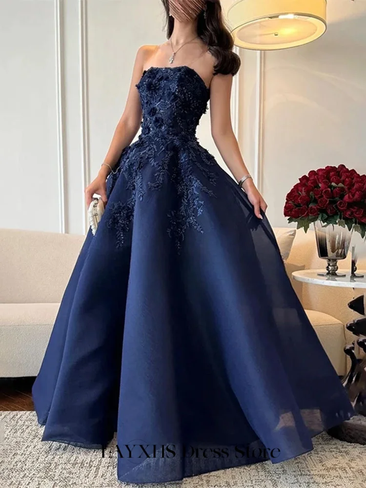 LAYXHS ciemnoniebieskie formalne suknie wieczorowe paski spaghetti linia A 3D aplikacja koronkowe suknie balowe dostosowane szaty de soirée