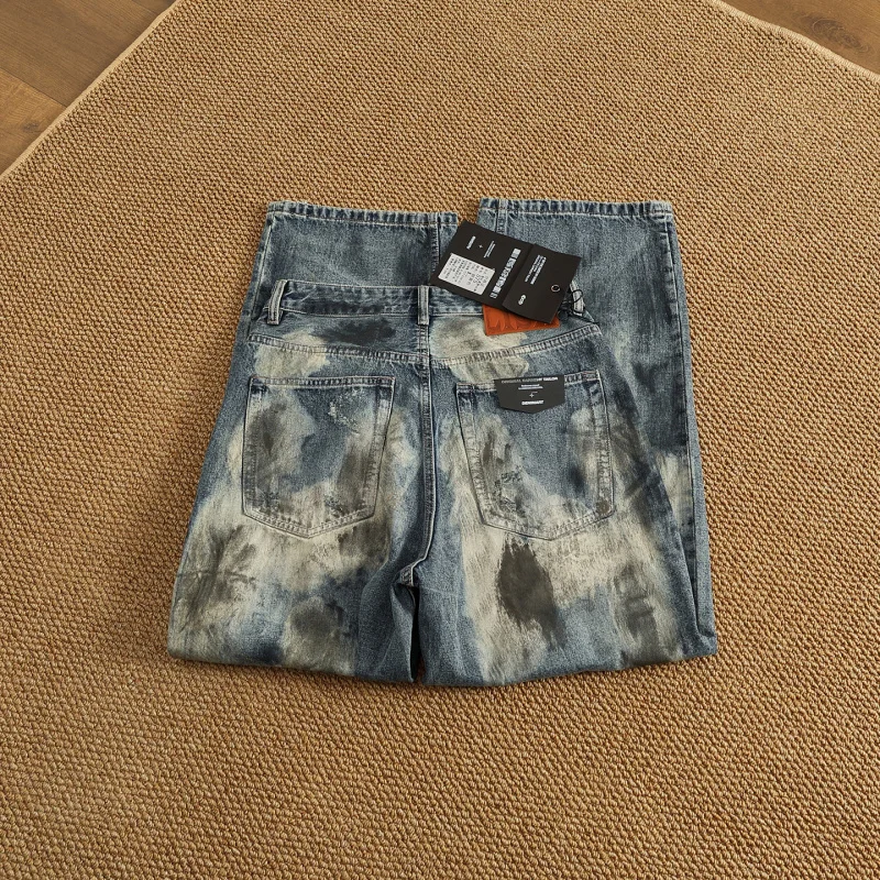 High street trendy brand loose straight leg pants for men's fashion, handmade ink splashed dyeing, heavyweight retro denim pants