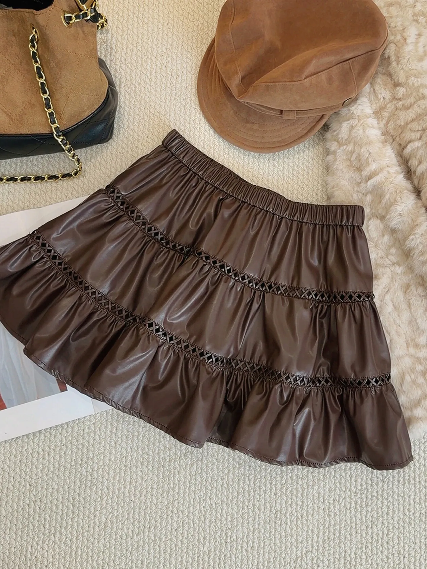 Women's Brown A-line Skirt 2000s Vintage Korean Style Y2k Gyaru PU Leather Skirt Harajuku High Waist Skirts Clothes Summer 2026
