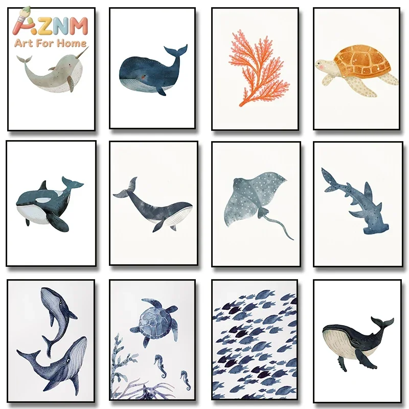 AZNM Ocean Animal Canvas Wall Art, Watercolor Whale Turtle Print, Cute Sea Life Painting for Nursery Decor