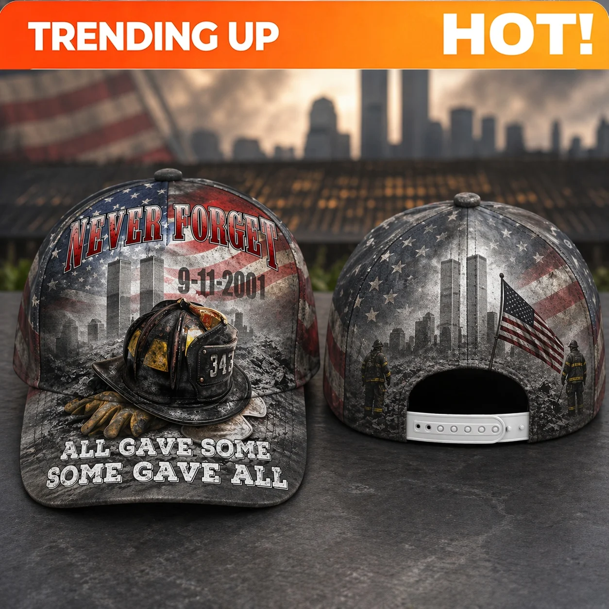 Custom Never Forget 911 Adjustable Baseball Cap Full-Print Firefighter Tribute Commemorative Gift Collectible Honor Souvenir