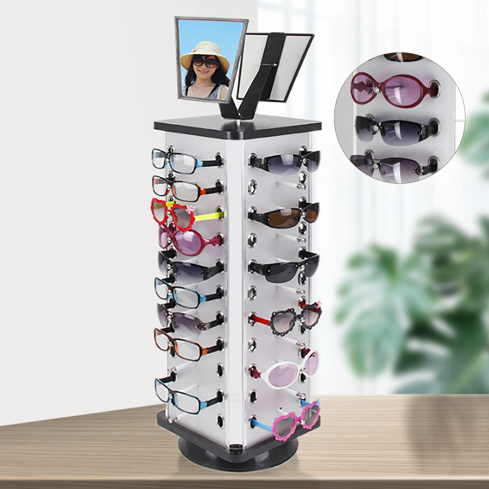 

360° Rotating Sunglass Display Rack Metal Glasses Stand Holder 44 Pairs W/ Mirror Retail Sunglass Display Stand Sunglasses Rack