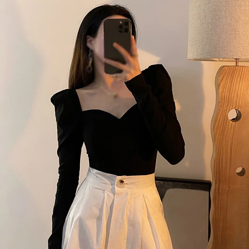 Autumn Women Vintage Elegant Shirts  Puff Sleeve Square Collar Blouses Office Lady Korean Black Chic Slim Casual All Match Tops