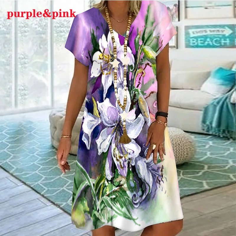 Tie Tye Colorful Gradient Floral Print Dresses For Summer Women Short Sleeve Loose Dress Casual V-Neck Ladies Oversized Clothing