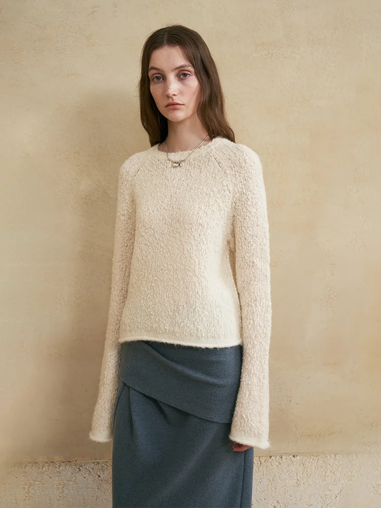 

Pearl White Particle Texture l Cuffed Micro Flared Sve round Ne Wool Sweater Women's Commute Sle Pure Color Knit...
