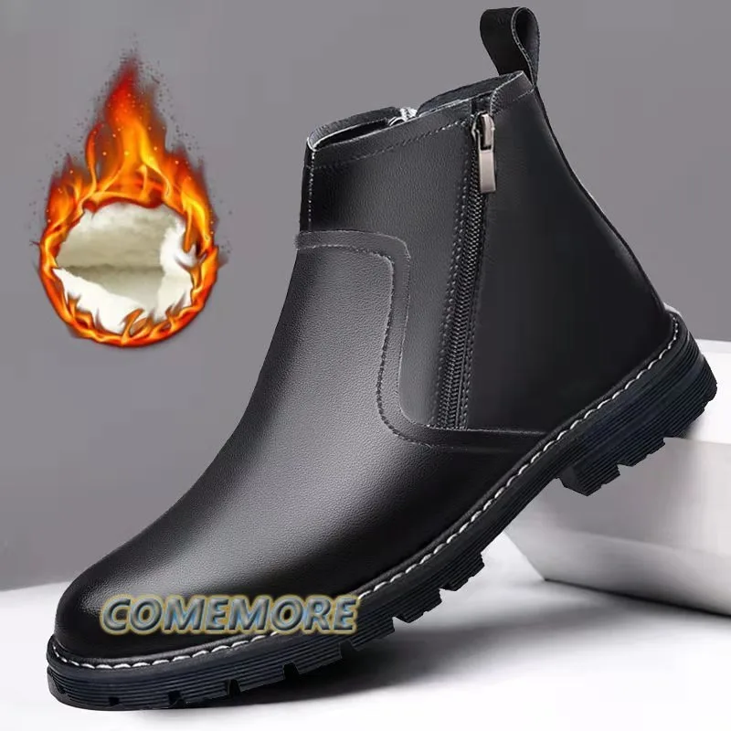 Men Autumn Winter Retro British Leather Boots Ankle Warm Brown Men's Business Shoes Casual High Top Shoes Short Boots Round Head