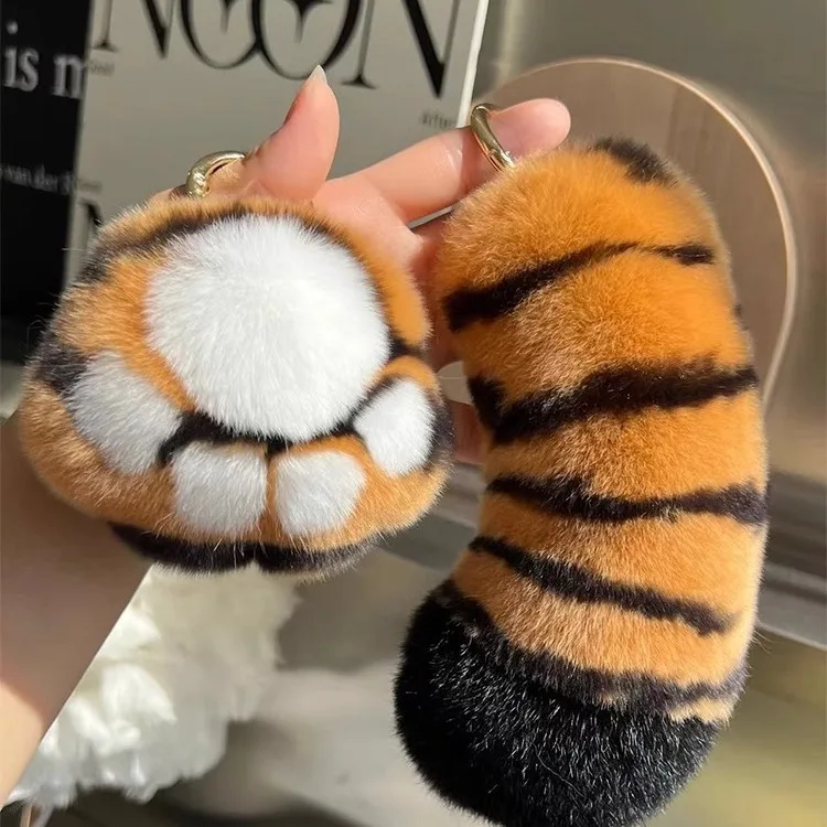 Cute otter rabbit fur tiger tail car key ring pendant plush ball doll tiger paw backpack hanging ornament fashion  keychain
