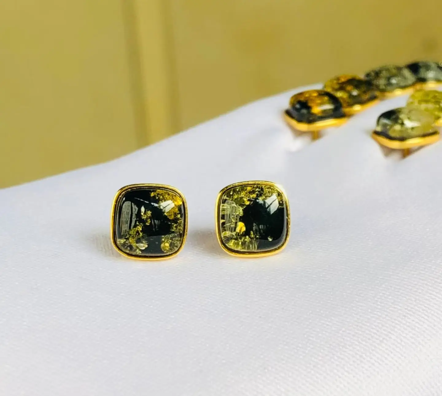 Certificate 18K Gold Plated 925 Silver Green Piebald Amber Cushion Ear Stud Minimalism Fine Earrings Natural Stone Daily Jewelry