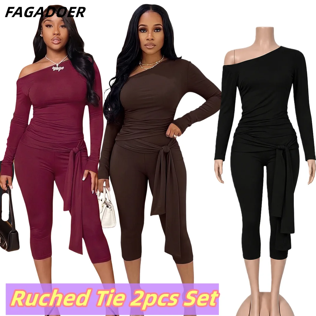 FAGADOER Women Fashion Two Piece Set Off Shoulder Long Sleeve Ruched Tie Top And Capri Pants Casual Bodycon Streetwear Outfit
