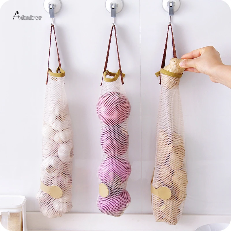 1 PCS Mesh Net Breathable Fruit Vegetable Garlic Onion Hanging Storage Bag Reusable Mesh Bags Organizer Home Kitchen Accessories