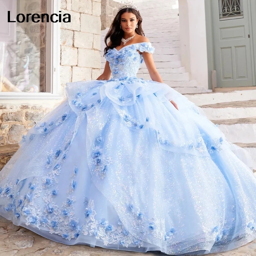 

Lorencia Sky Blue Quinceanera Dress Ball Gown 3D Floral Flowers Applique Beaded Pleat Tiered Sweet 16 Vestidos De 15 Años YQD739