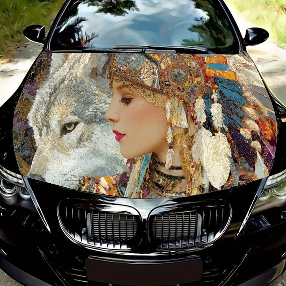 

Tribal Style Woman & Wolf Car Engine Hood Decal, Fashionable Auto Cover Vinyl Wraps Sticker, Gift for Car Lovers, Anti-scratch P