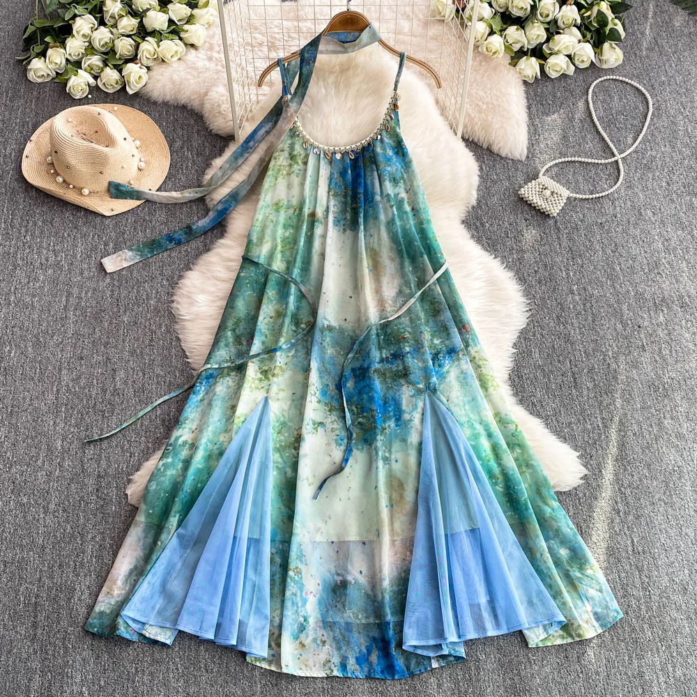 Verão elegante tie dye midi vestido para mulheres fita tule costura em camadas queimado feminino vestidos de baile novo em 2025 rendas até chique