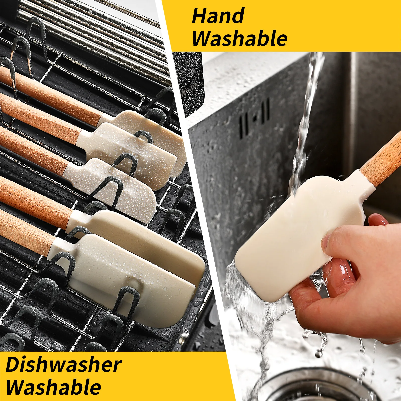 Silikon-Schaber, Schaber für Zuhause, Backen, Holzgriff, Kuchenschaber, cremefarbenes kleines Spatel-Set – Detail 3