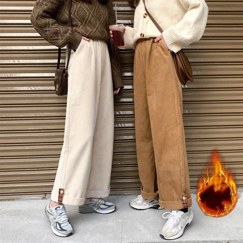 

Thin/plush Velvet and Thickening Autumn Winter Women Pants High Waist Pockets Korean Solid Corduroy Wide Leg Trousers Trend