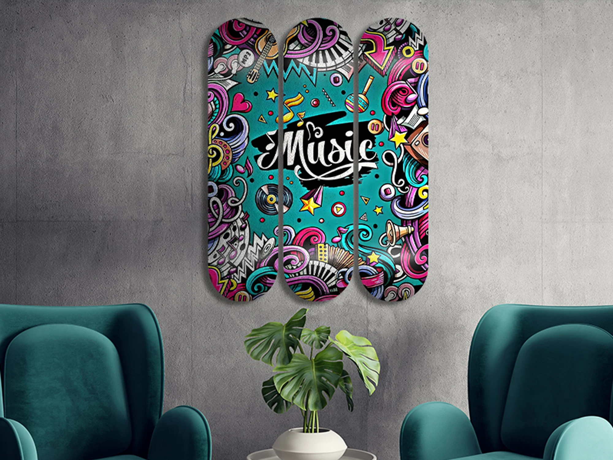 3pcs Music Art Skateboard Wall Mural Pop Art Pro-Grade Skate Deck Wall Plates for Bar Club Game Room Wall Decoration