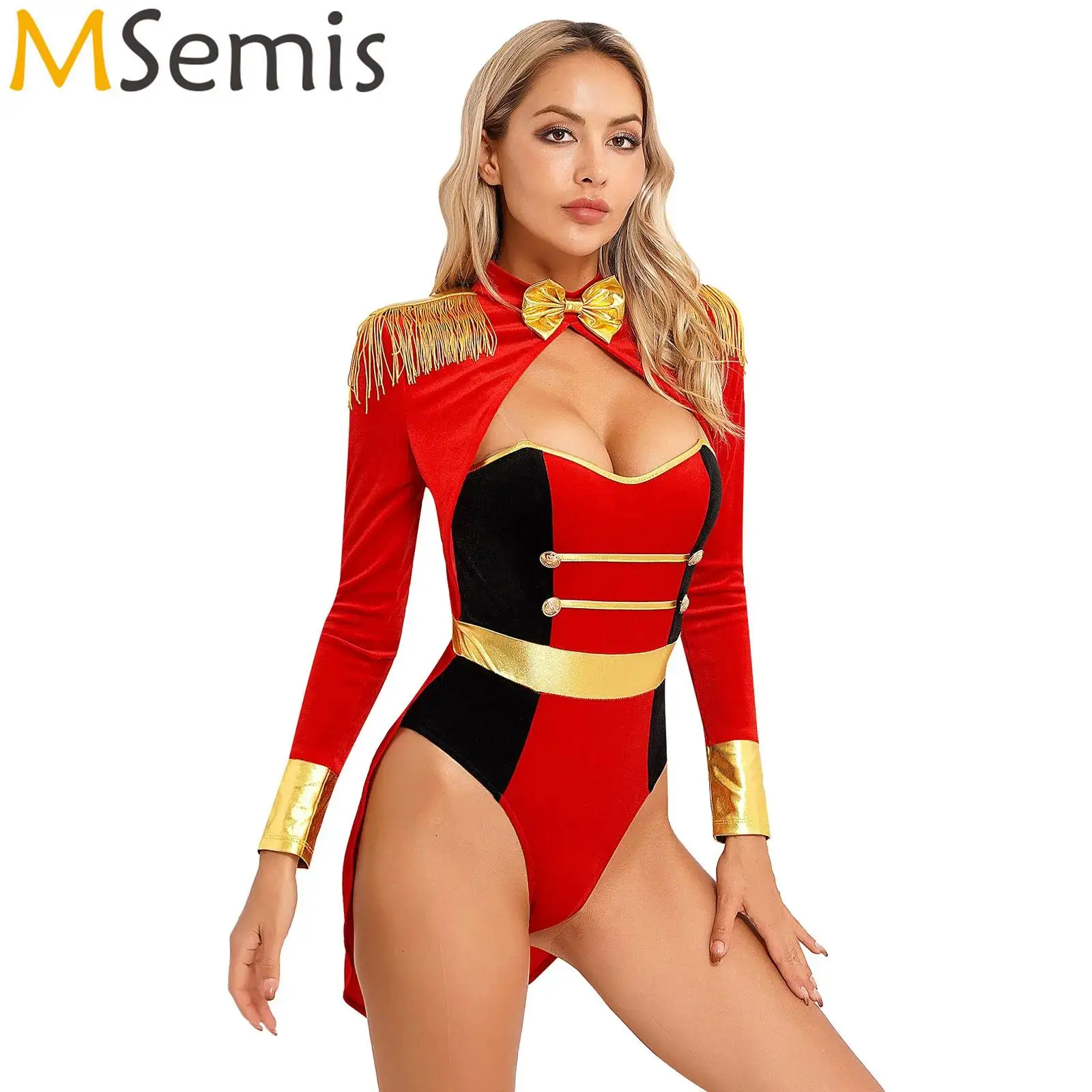 Mulheres circo ringmaster cosplay outfits diretor showmen trajes franja epaulette arco manga longa fraque bodysuit macacão