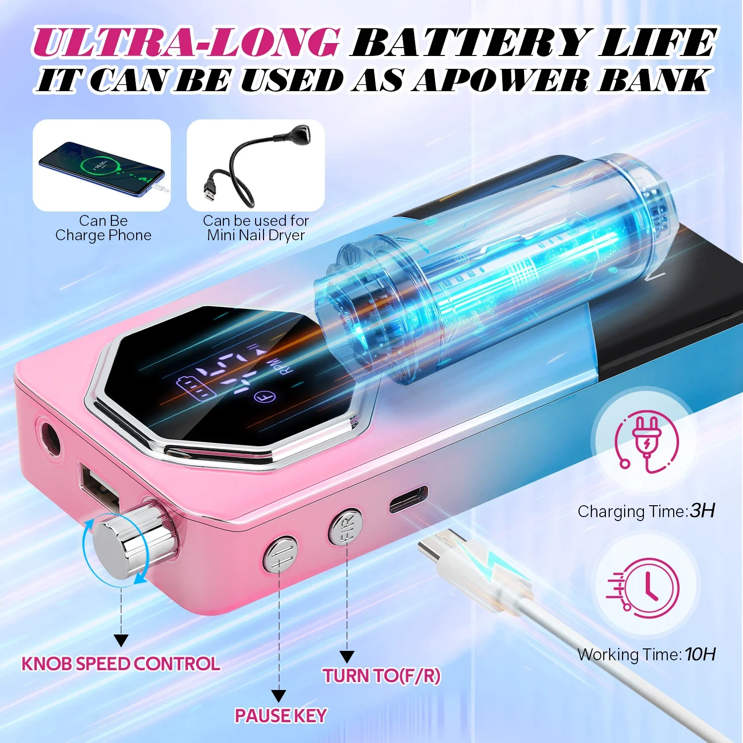 Ponceuse à Ongles Professionnelle Rechargeable avec Écran HD, Lime Électrique, Stylo de Manucure en Métal, 45000 tr/min, N64.