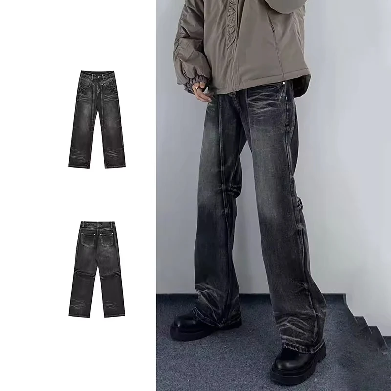 

Four Seasons Men's Jeans American Fashion Straight Denim Pants Washed Cotton Retro Blue Wide Leg Jean Trousers Jeans Men Pants