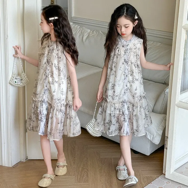 Girls Summer Floral Dress Kids Sleeveless Princess Vest Dress Children Fashion Clothing Outfit
