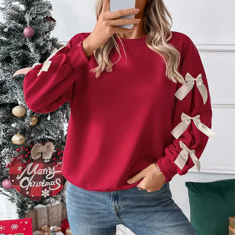 

Women's Red Sweatshirt Long Sleeve Puff Sleeve Bow Decor Pullover Casual Holiday Party Tops 2025