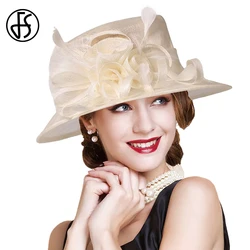 FS Luxury Tea Party Sinamay Top Hat For Women Beige Kentucky Derby Hats Wide Brim Wedding Fascinators Cap With Feather Chapeau