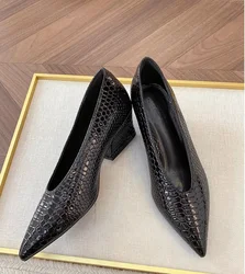 2027 New Snakeskin Pattern Pointed Toe Chunky High Heel Women Shoes Leather Wedges Dress  Fashion Autumn Women Shoes Lady Shoes