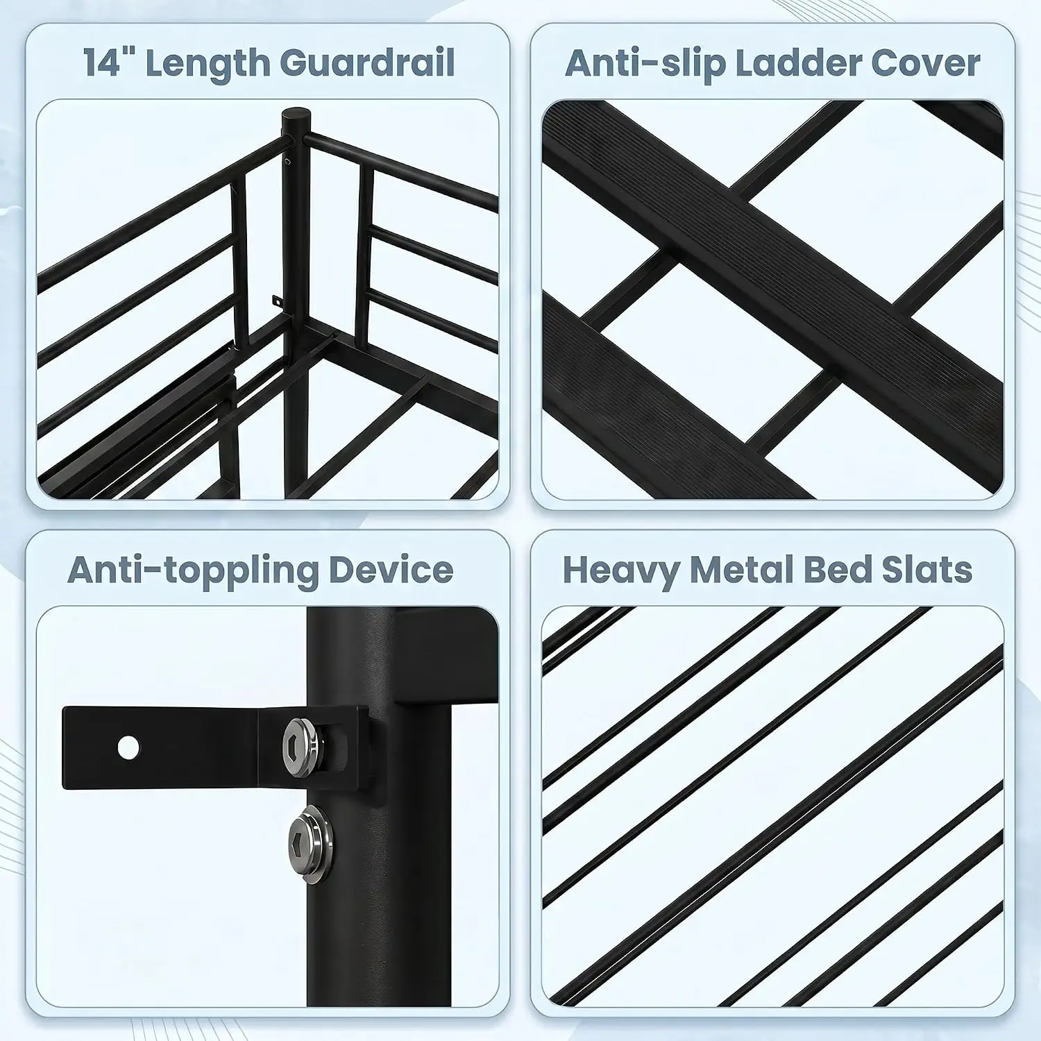 Heavy-Duty Twin Over Twin Metal Bunk Bed with Power Outlet, LED Lights, Guard Rails & Ladder, Customized - view 5